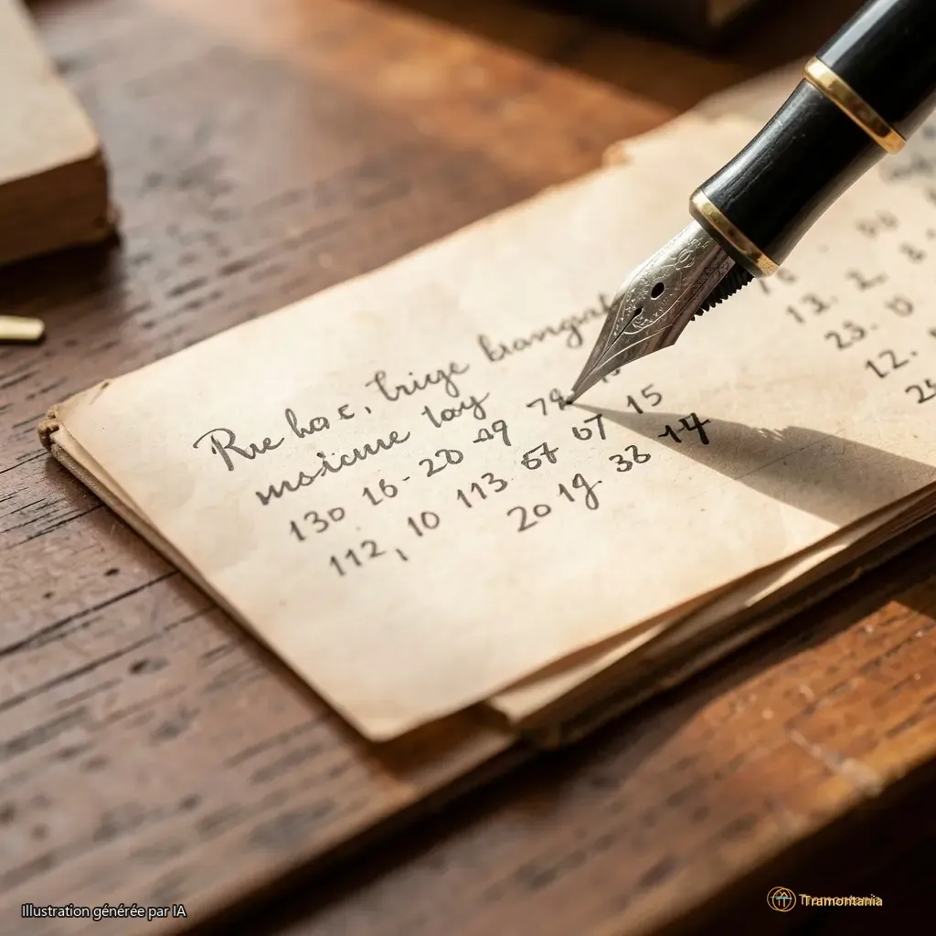 Détail d’un registre ouvert sur un bureau en chêne. Encre noire, écriture serrée à la plume, chiffres clairement lisibles. Lumière douce de l’après-midi tombant sur le papier jauni.