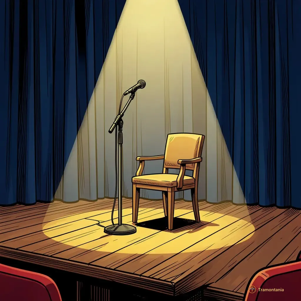 A detailed shot of a wooden prop table placed on the stage in an empty theater setting. On the surface are several everyday objects—a pair of reading glasses with thin silver frames, a stack of notebooks bound in dark brown leather, and a single vintage key attached to a small ring. The light is bright mid-day sun streaming from one side, casting sharp shadows across the wooden grain of the table top against an unadorned backdrop wall made of pale grey concrete material.