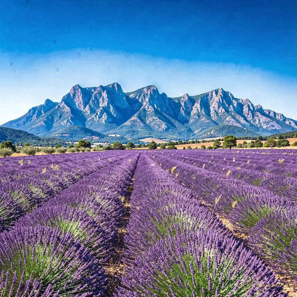 Photo lumineuse du pays catalan montrant un champ de lavande violet sous un ciel bleu profond, avec en arrière-plan le massif canigou aux teintes bleutées