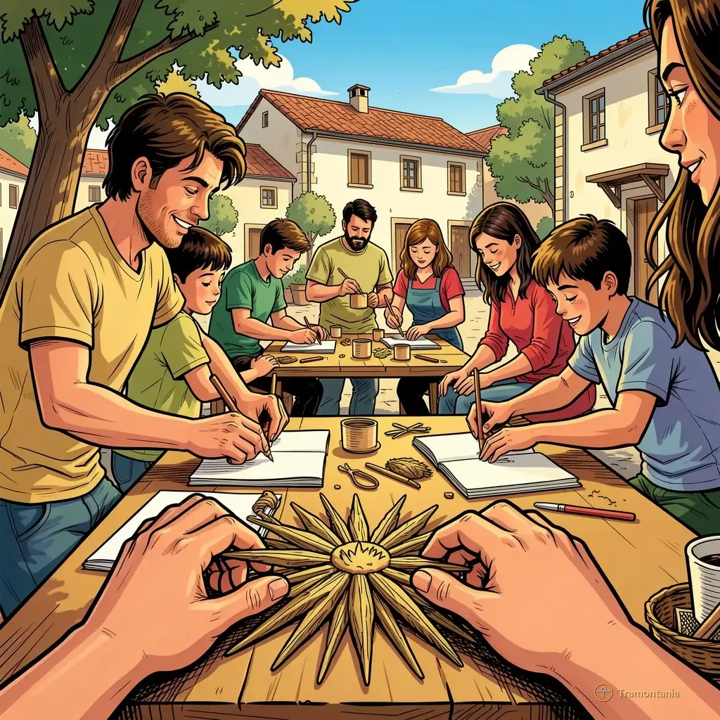 Nino, l'âne de Tramontania — Un groupe de personnes travaille ensemble autour de tables couvertes de matériaux naturels dans une cour de village illustrée comme un dessin animé