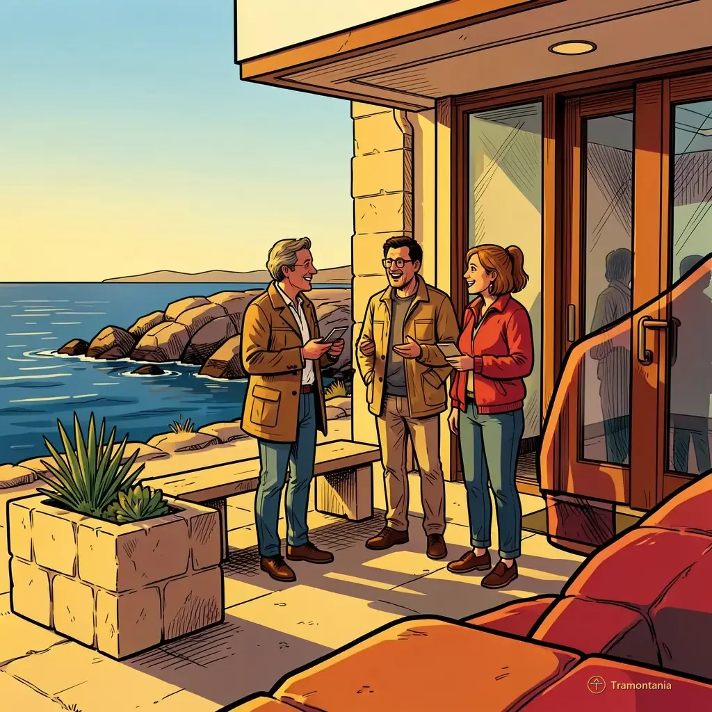 Nino, l'âne de Tramontania — Un petit groupe de personnes discute devant le cinéma tard dans l'après-midi, avec la mer bleue visible au loin sur les rochers