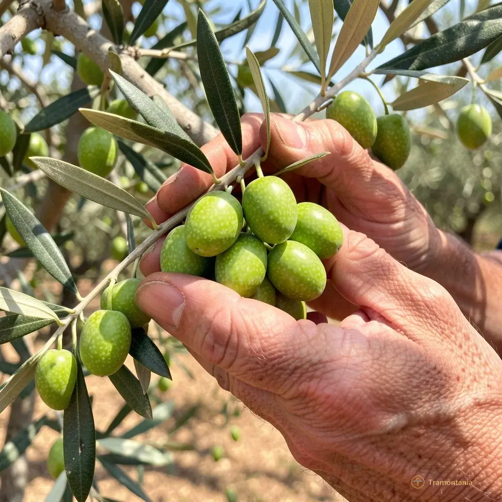 A close-up of fresh green olives being harvested by hand from a tree branch