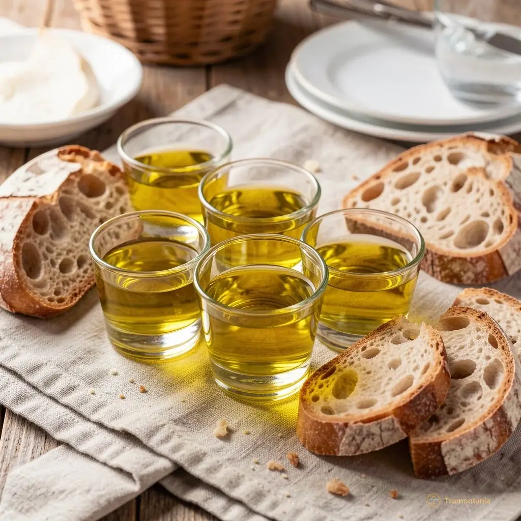 A tasting table set with small glasses of golden olive oil and slices of rustic bread