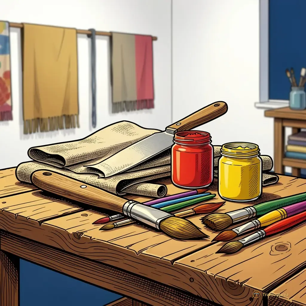 A close-up shot of a stack of various art tools and materials—a wooden palette knife, several colored brushes with natural bristles, small jars of pigment powder (ochres), and pieces of textured linen fabric—arranged on an empty workbench made of rough, unfinished oak wood in the foreground. The background is slightly blurred but shows hanging textile samples against white walls under diffuse indoor lighting.