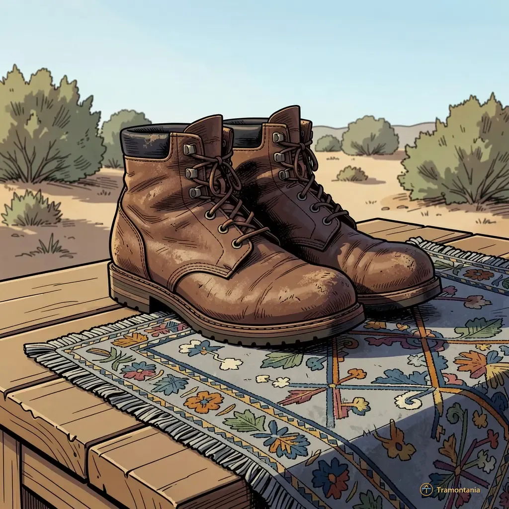 Des bottes en cuir usé accompagnées d'un échantillon textile brodé sont disposés sur une surface en bois simple avec le paysage provençal en arrière-plan