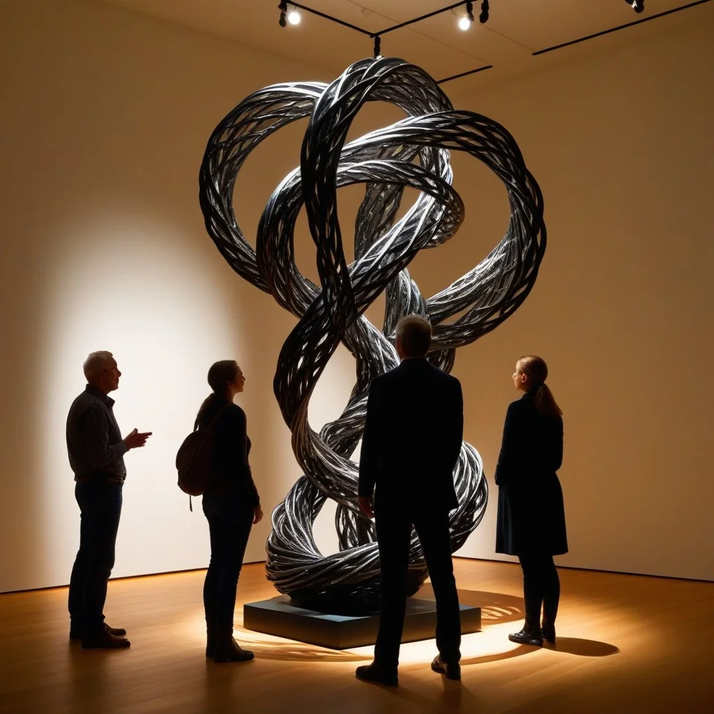 A medium shot of a small group of visitors standing in a dimly lit gallery, looking intently at a large, monochromatic sculpture made of twisted metal. The lighting is focused solely on the sculpture, creating strong shadows and highlights. The visitors are seen from behind, emphasizing their contemplation and the connection between the observer and the art.