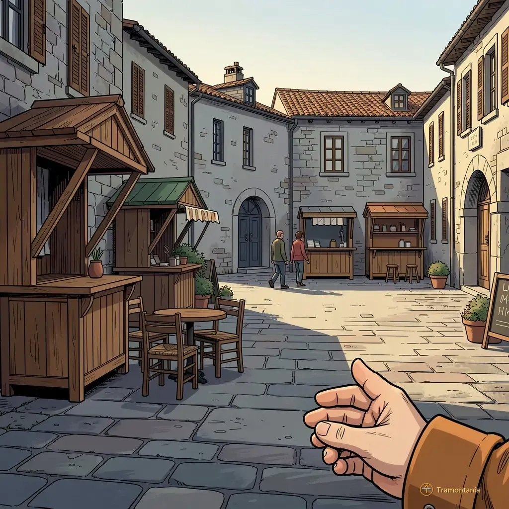 La place centrale d'un vieux bourg présente plusieurs étals de marché ou tables extérieures bordant la zone avec quelques silhouettes marchandes
