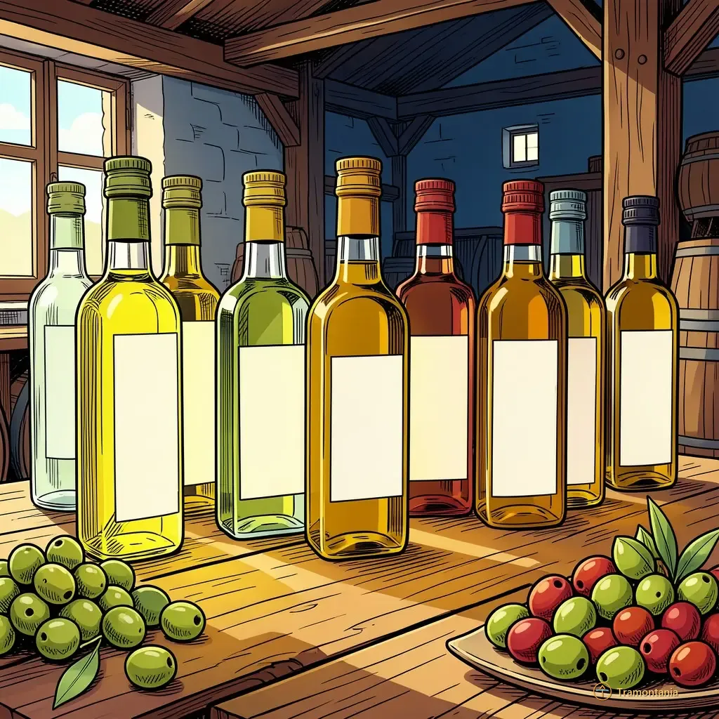 Nino, l'âne de Tramontania — Divers flacons d'huile d'olive aux étiquettes variées reposent sur un comptoir rustique en bois avec quelques olives fraîches