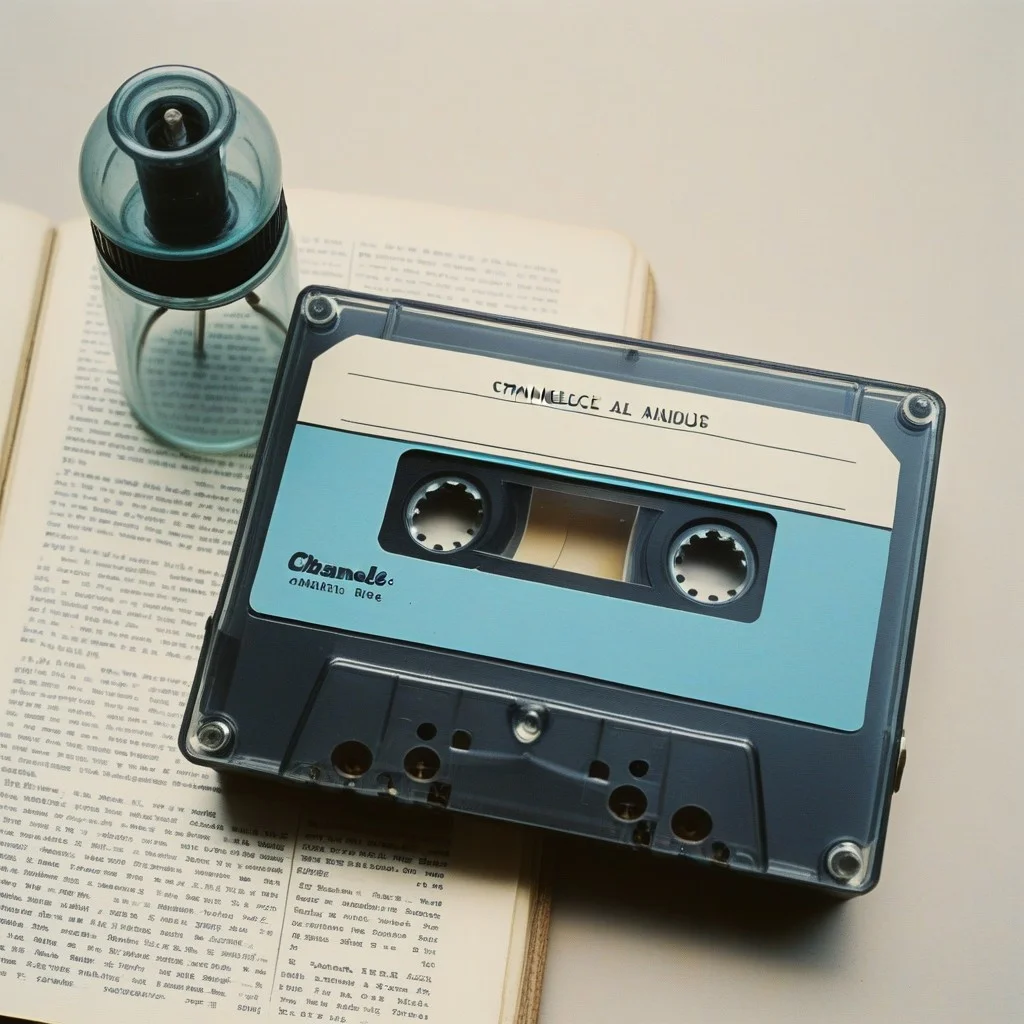 Vieille cassette audio des années 1980, boîtier en plastique gris, étiquette manuscrite à l’encre bleue fanée, marquée « CHAMELEONS – LIVE – 23.04.85 », posée sur un fond de papier journal déchiré, une lumière d’ampoule nue la touche en biais.