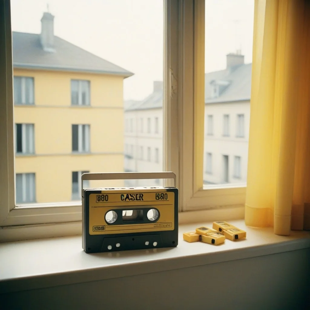 Ancien lecteur de cassettes portatif des années 1980, boîtier en plastique jaune cassé, bouton d’affichage éteint, câble enroulé à côté, posé sur une fenêtre ouverte où filtre la lumière du crépuscule.