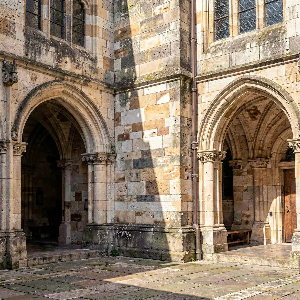 Detail of architectural stonework and shadows in the castle courtyard