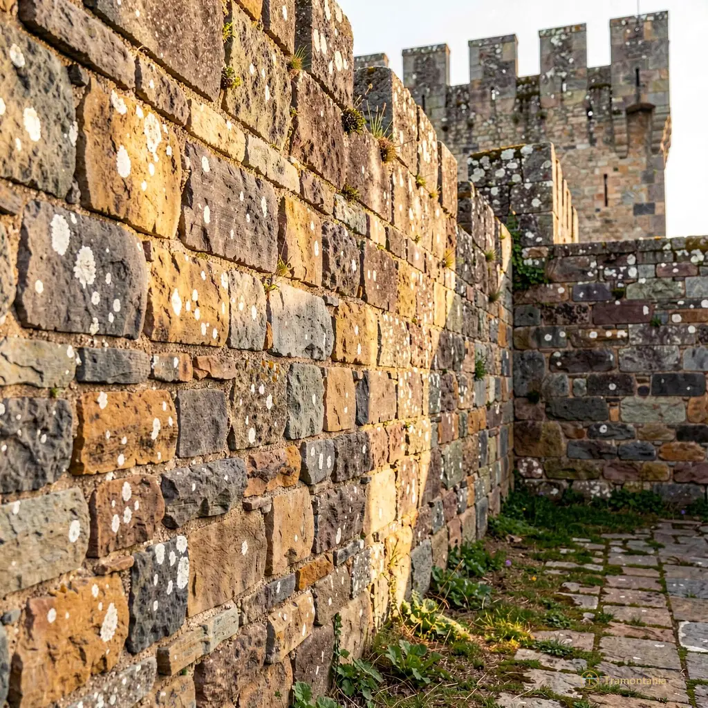 Close-up of weathered stone walls in Fillols castle with soft morning light