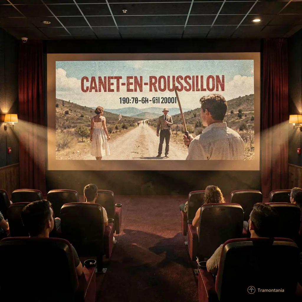 Interior shot of a dimly lit cinema hall in Canet-en-Roussillon, focusing on the screen displaying vintage 1970s film grain and warm projector light beams