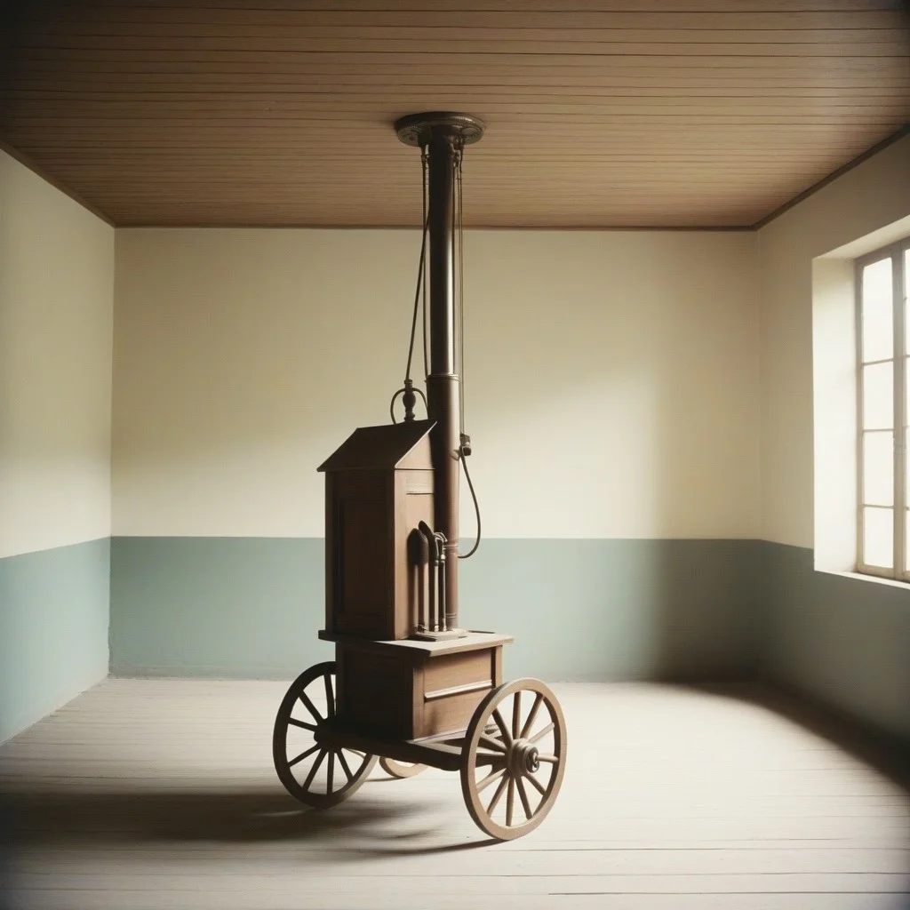 Un vieux rétroprojecteur en métal et bois, posé sur un chariot rouillé. L’objectif est légèrement fendu, le câble électrique dénudé jusqu’à la prise. Des poussières de plâtre tombent doucement du plafond au-dessus, comme si l’église elle-même respirait en observant.