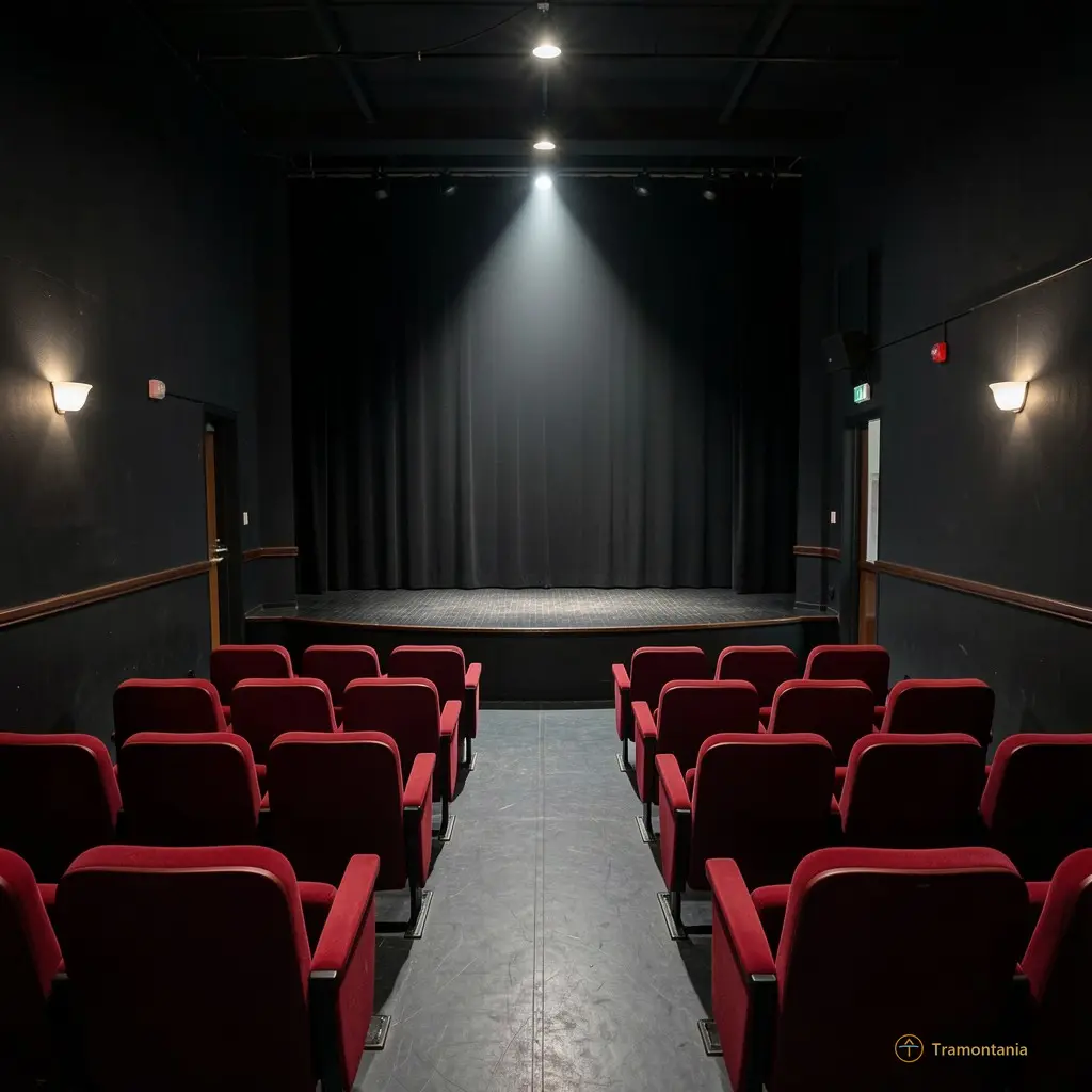 Intérieur sombre d'une petite salle de spectacle avec des sièges rouges rangés face à une scène éclairée par un spot unique