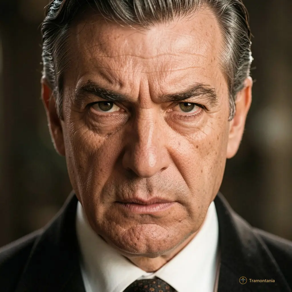 Close-up of Serge Reggiani's intense face from the film Marie Octobre