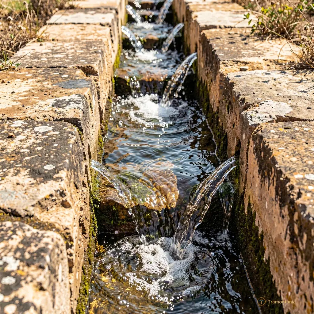 Close-up of water flowing through the stone channels of the Bohera canal, highlighting texture and age