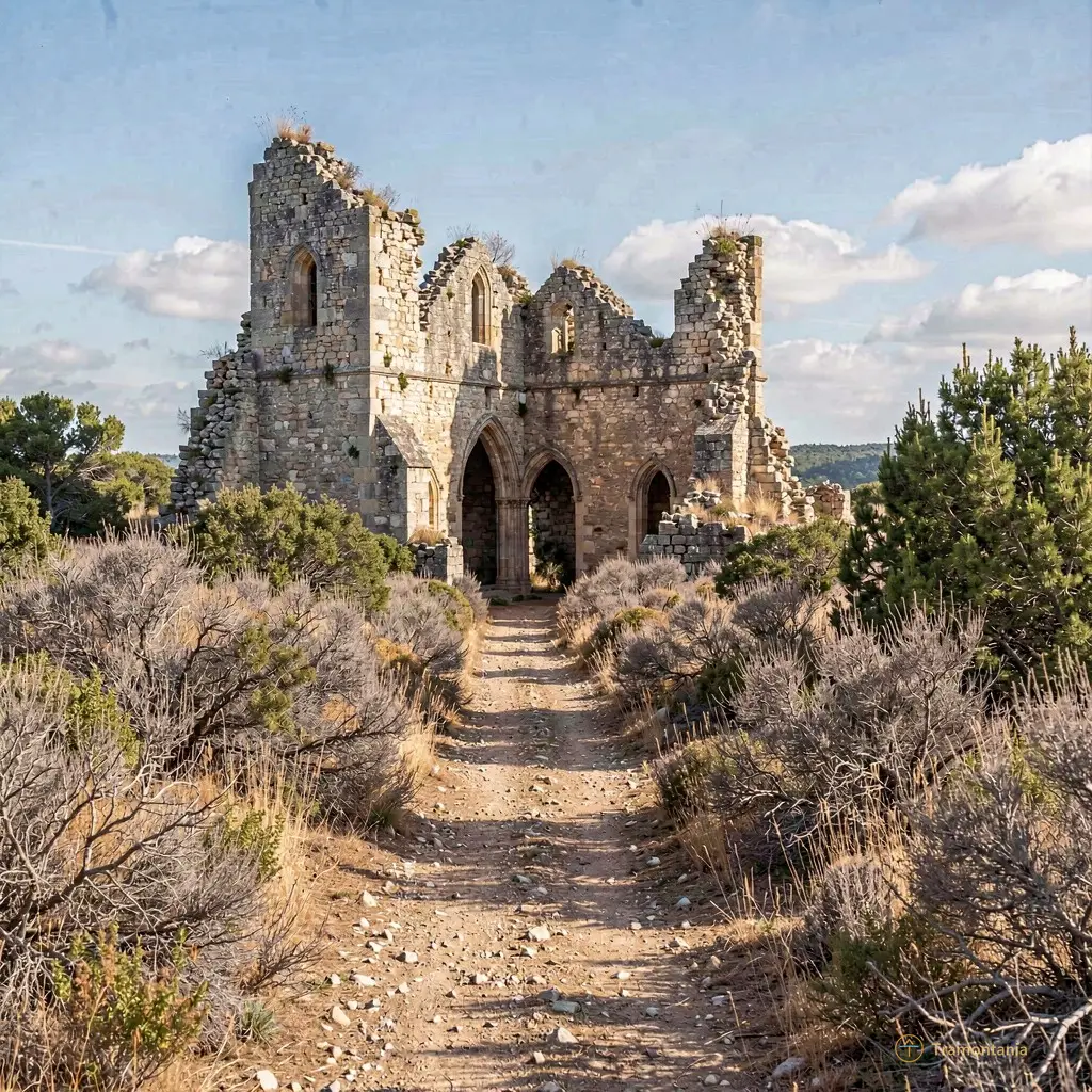 A quiet path leading towards the ruins of Saint-Étienne de Pomers ermitage, surrounded by dry garrigue vegetation