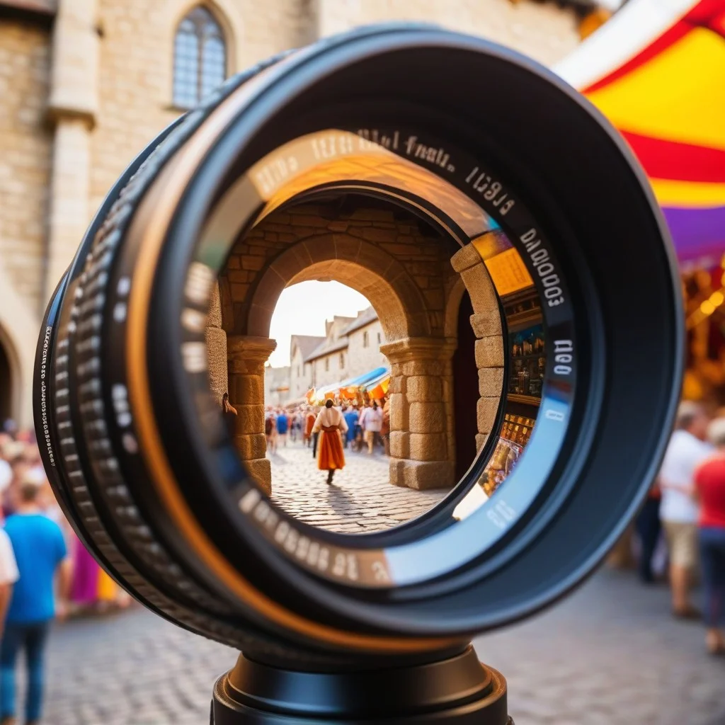 A close-up of a vintage camera lens reflecting the intricate details of a medieval stone archway, with a blurred background of colorful street festivals and people dancing in the distance, creating a sense of motion and historical depth.