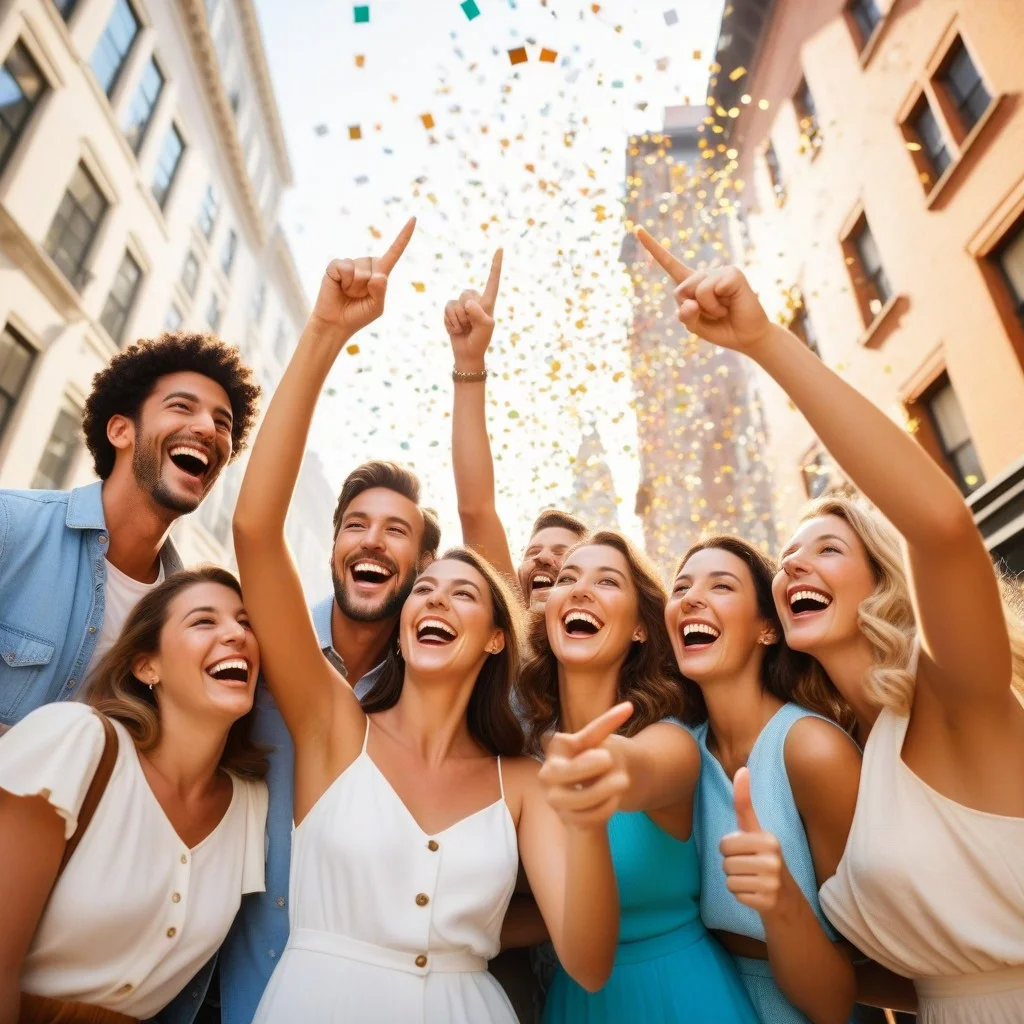 A dynamic low-angle shot of a group of friends laughing and pointing at old photographs held up against a modern city backdrop, with confetti-like light flares in the air, capturing the joy of discovery and the contrast between eras.