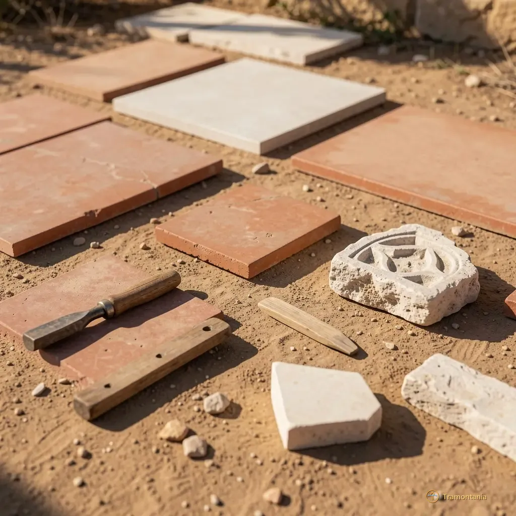A flat lay composition showing various types of rustic Catalan tiles and pieces of carved limestone found on a dusty ground surface near the Mediterranean coast. The objects include small, simple tools like an old wooden chisel or measuring rule alongside geometric stone fragments. Strong afternoon light illuminates the texture differences between the materials in the foreground.