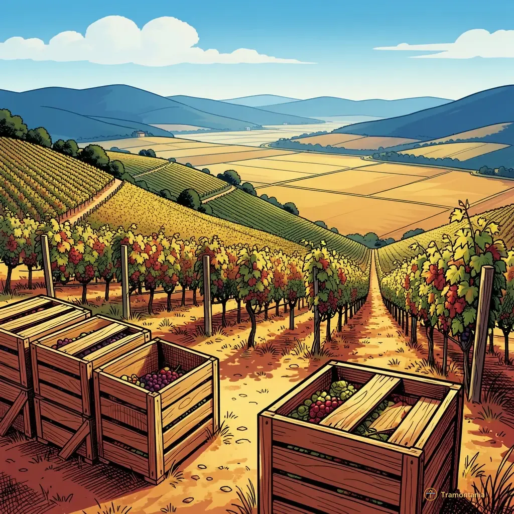 Un tas de caisses en bois empilées occupe l'avant plan d'un domaine viticole avec des vignes en arrière fond