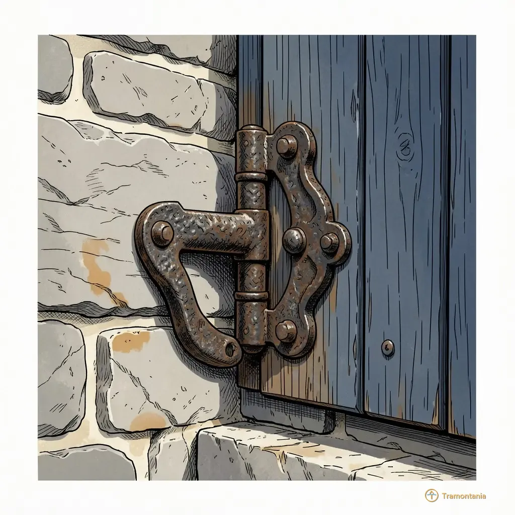 Une charnière de porte ancienne et très texturée est fixée à une volet en bois patiné contre un mur de pierre dans cette illustration