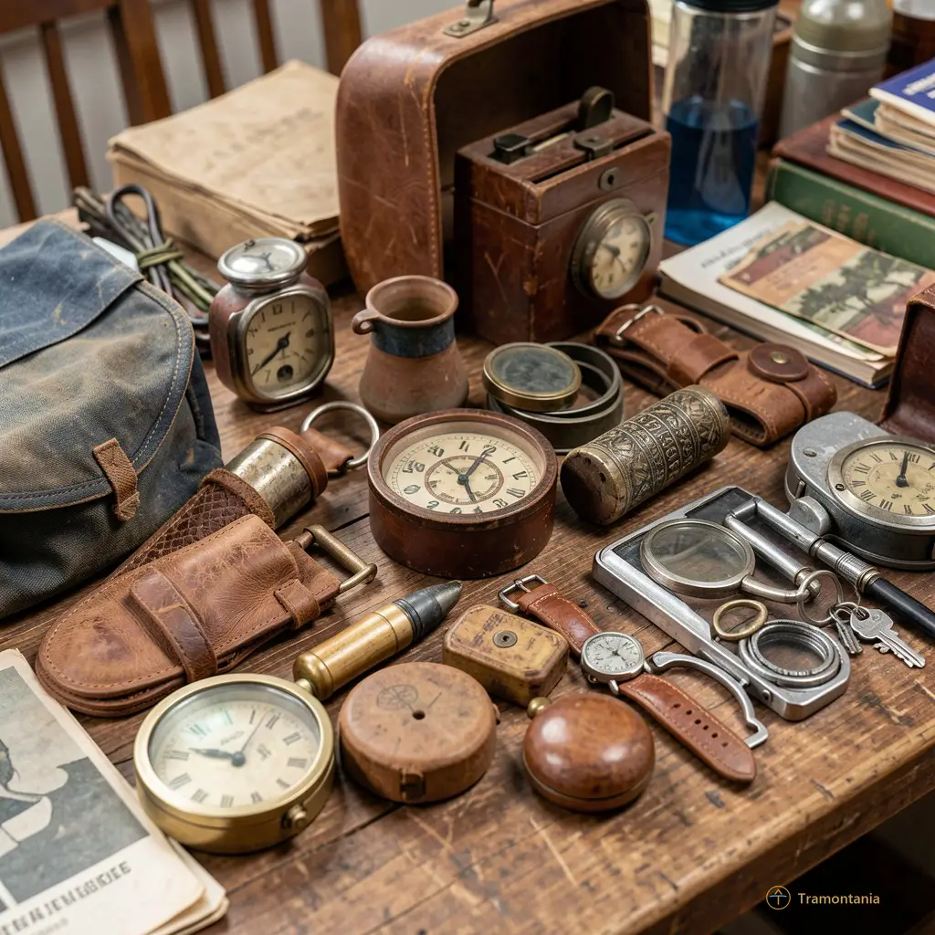 Close up of various second-hand items arranged on a table