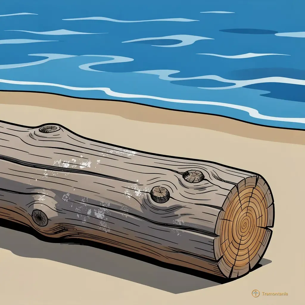 Une pièce de bois flotté lisse montre ses motifs naturels sur la plage près de Port-Vendres, avec l'eau bleue visible en arrière-plan