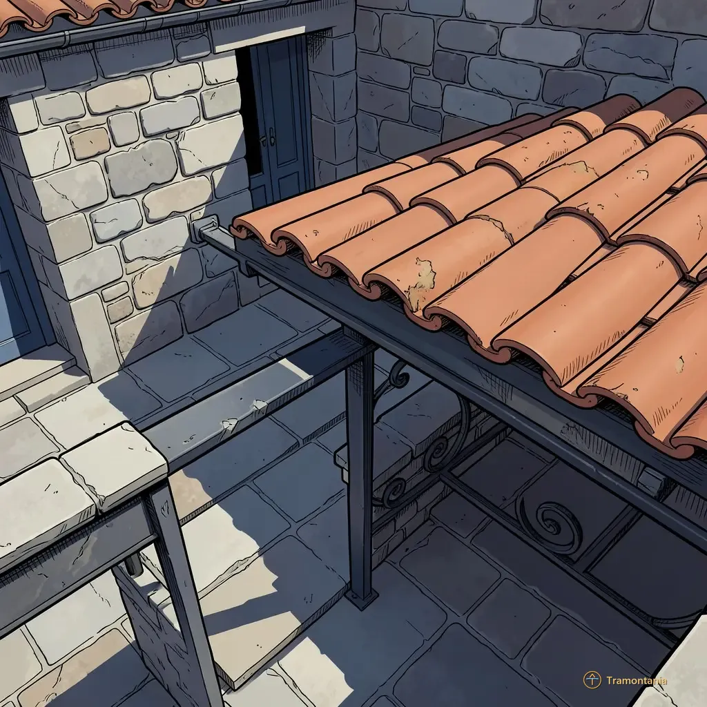 Un patio ouvert montre le détail d'un ferronnerie soutenant des carreaux de terre cuite, marqué par l'âge et la patine