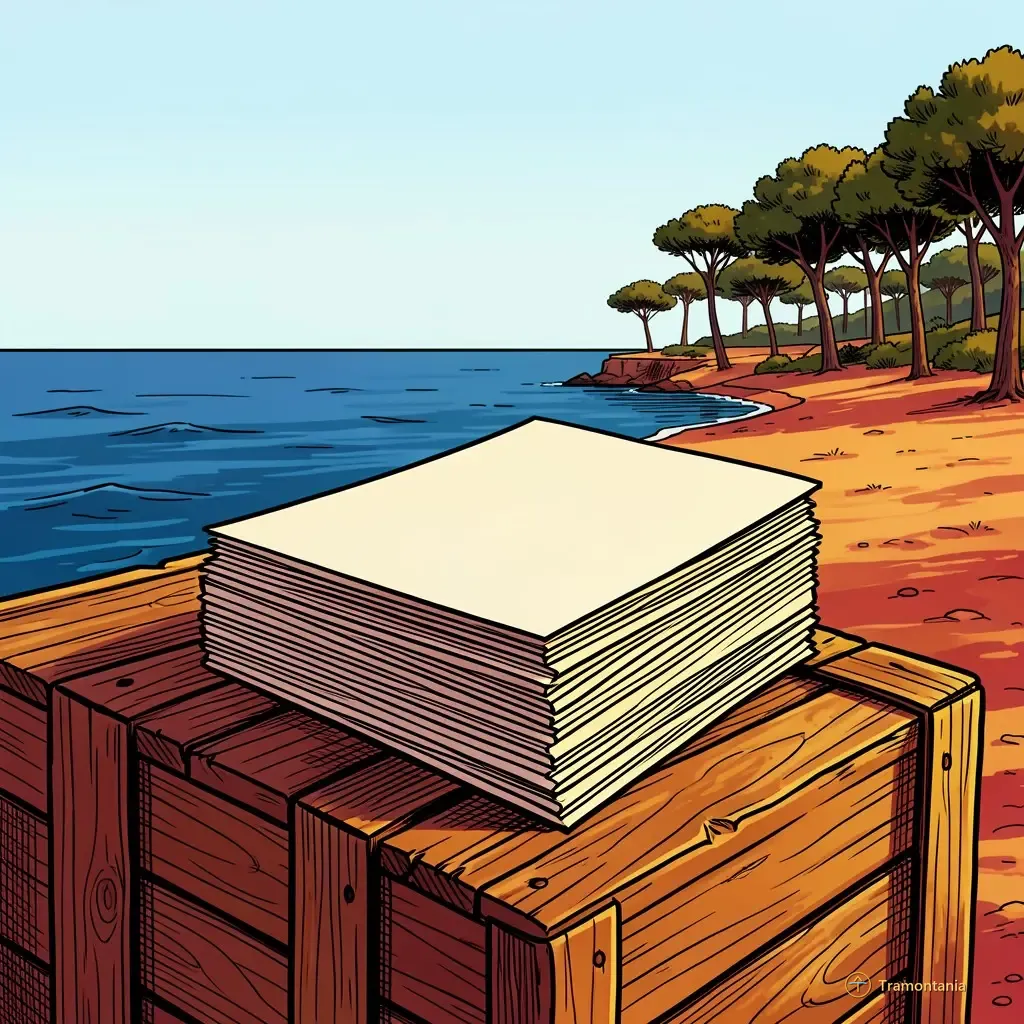 Nino, l'âne de Tramontania — Close-up view of a stack of old cinema tickets and film reels resting on rough wooden crates near the Mediterranean Sea, seen during late afternoon light just before sunset. The background shows distant pine trees against a pale blue sky.