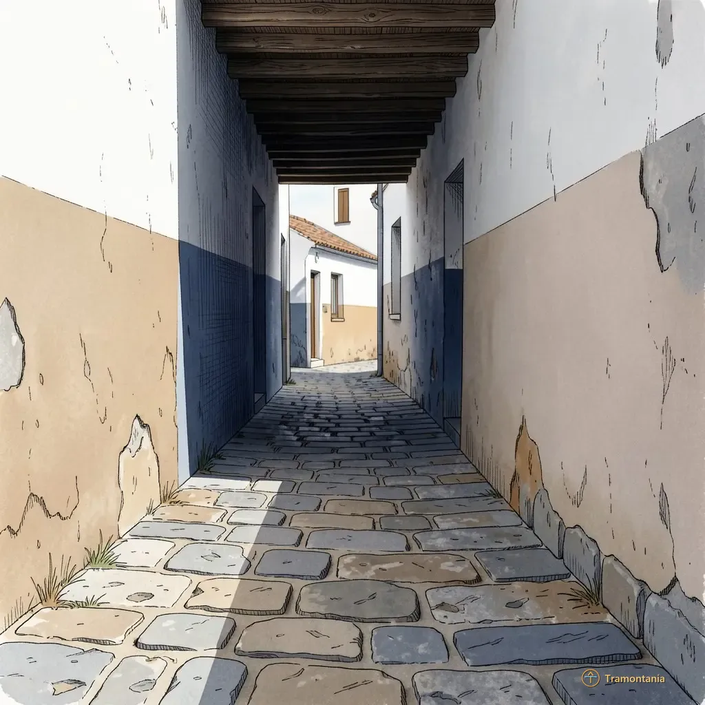 Un passage couvert étroit à Collioure présente différentes textures au niveau du sol entre pierres usées et plâtre peint