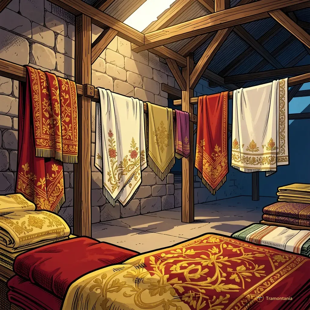 A detailed medium shot of various antique textiles and woven goods (velvet scraps, embroidered linens) draped over wooden beams inside an open market hall structure. The background shows the textured stone wall in shadow. Natural daylight illuminates the fabrics from above. No people are visible.