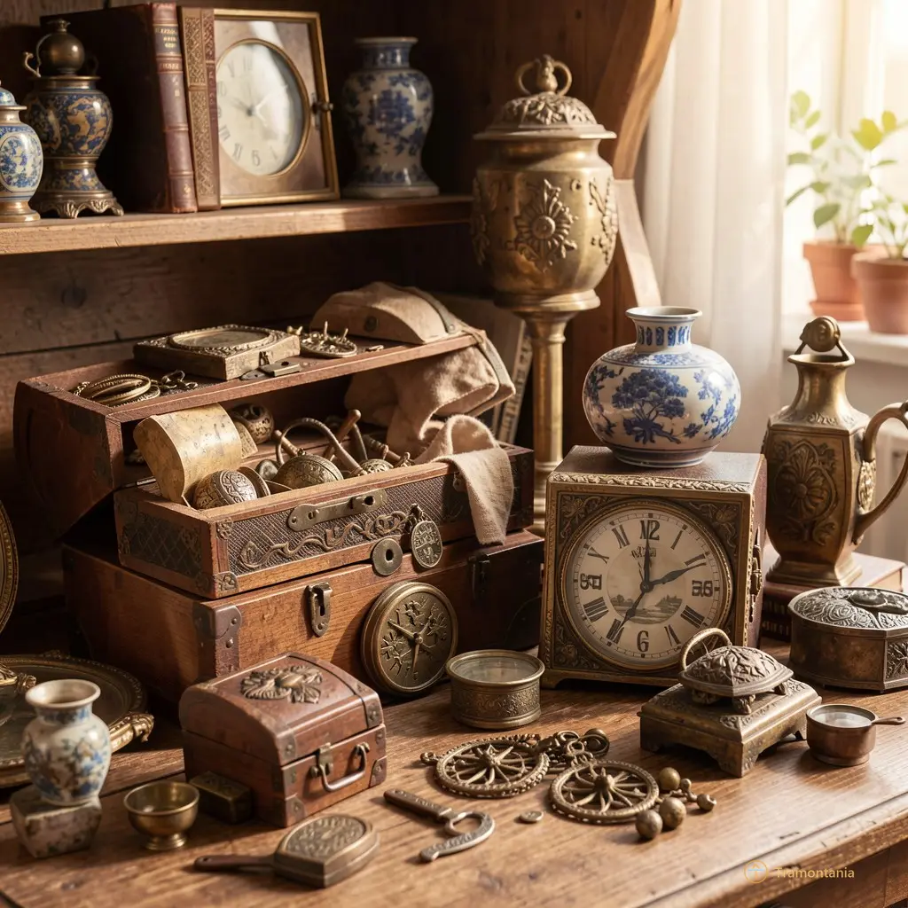 Photo chaleureuse d'objets chinés avec du caractère, lumière douce, trésors anciens