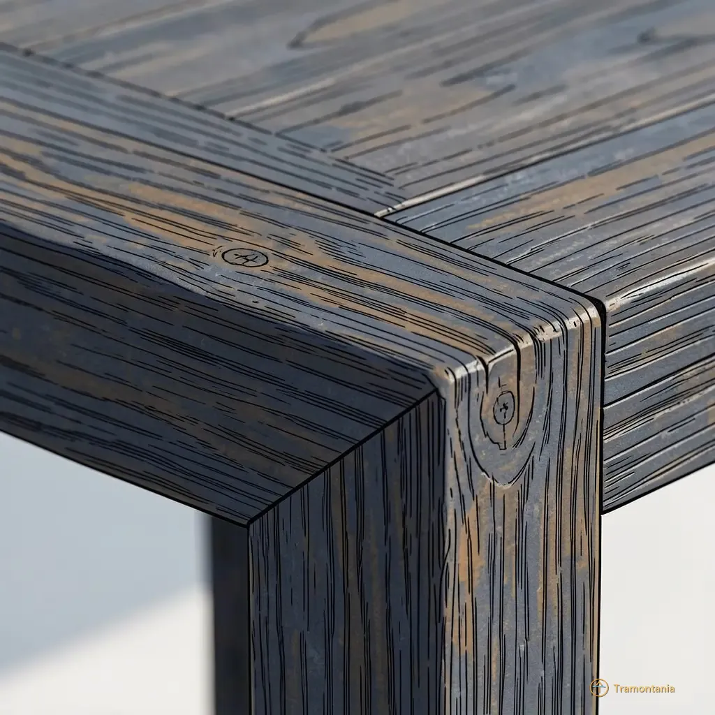 Macro detail on a piece of heavily weathered, dark oak wood from an interior architectural framework; the grain pattern is visible under bright midday light; extreme close-up shot focused solely on the material texture