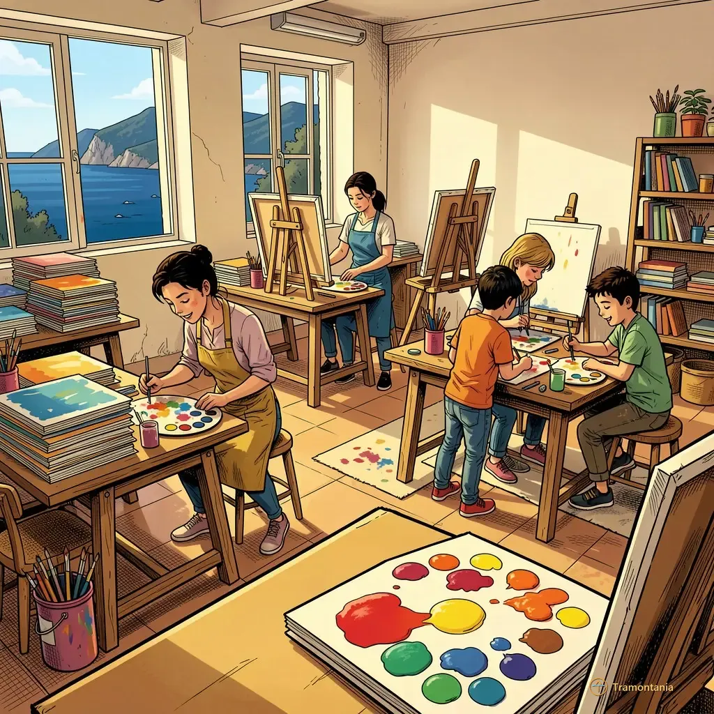 Plusieurs tables sont installées dans l'atelier remplies de toiles peintes et d'outils artistiques pour la création collective