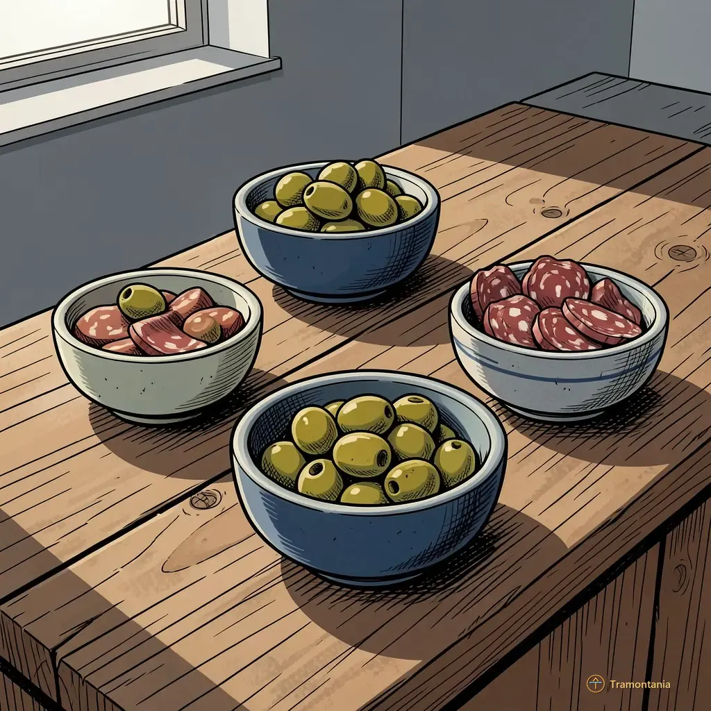 Plusieurs petits bols en céramique remplis d'olives et charcuteries sont disposés sur un comptoir rustique