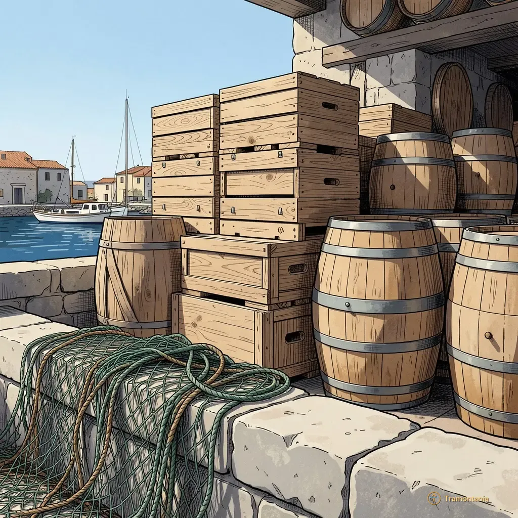 Des caisses et tonneaux empilés dans un atelier près du port montrent la texture du bois et des filets de pêche suspendus devant un rebord de pierre
