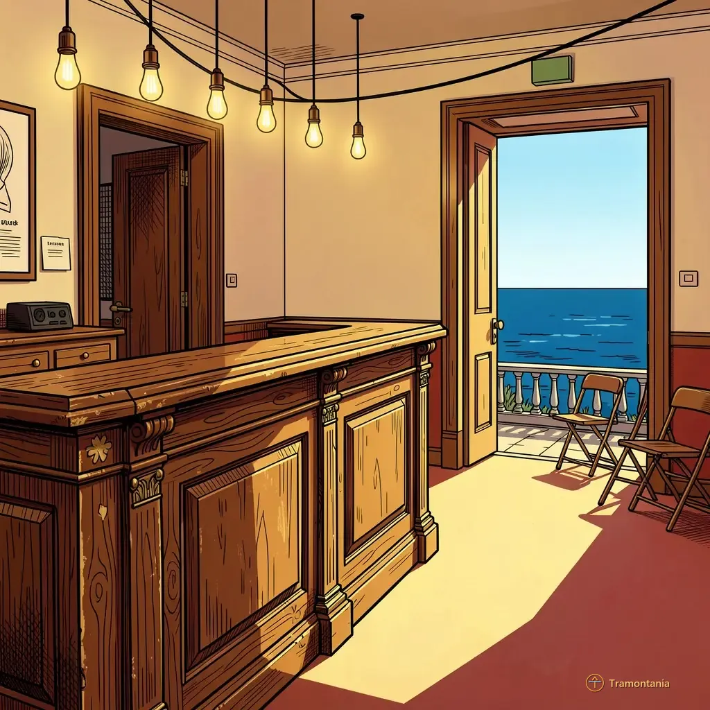 Nino, l'âne de Tramontania — Un comptoir ancien en bois avec des accents de laiton orne l'entrée d'un cinéma historique donnant sur le bleu profond de la mer