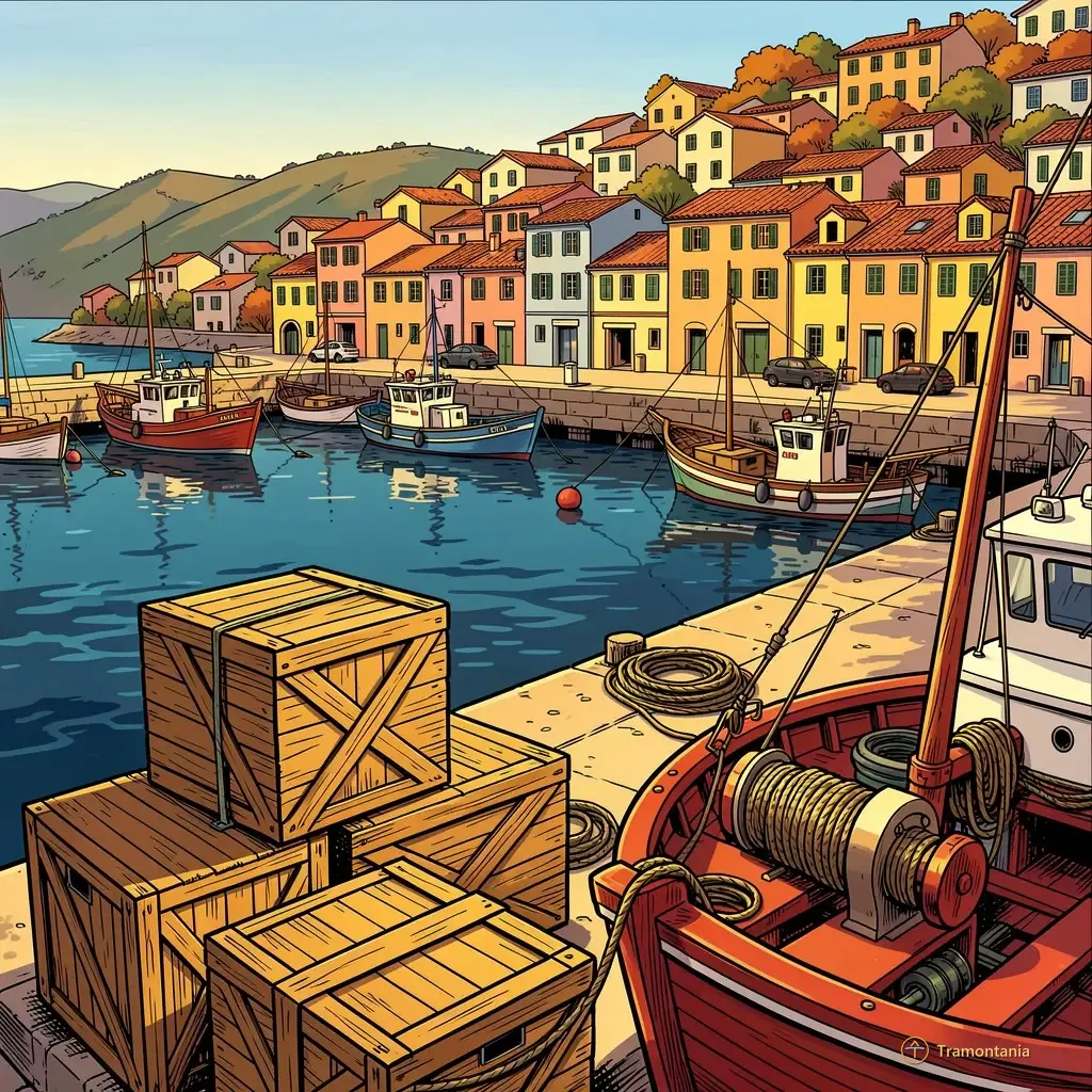 Le front de mer montre des caisses en bois empilées et du matériel de pêche près du bord, avec des maisons colorées sur la colline