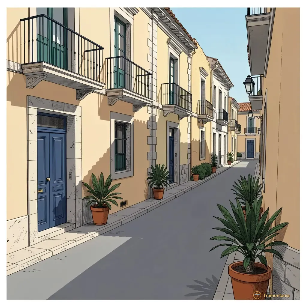 La vue montre une large rue du centre de Collioure mettant en valeur les balcons en fer forgé et les corniches visibles sur un bâtiment ancien