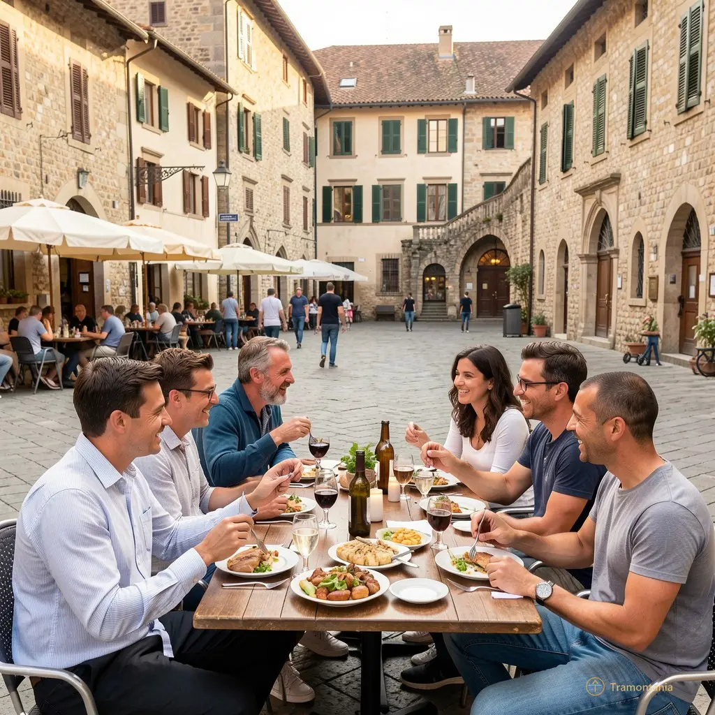 Group of people sharing food outdoors in a historic European town square, casual atmosphere