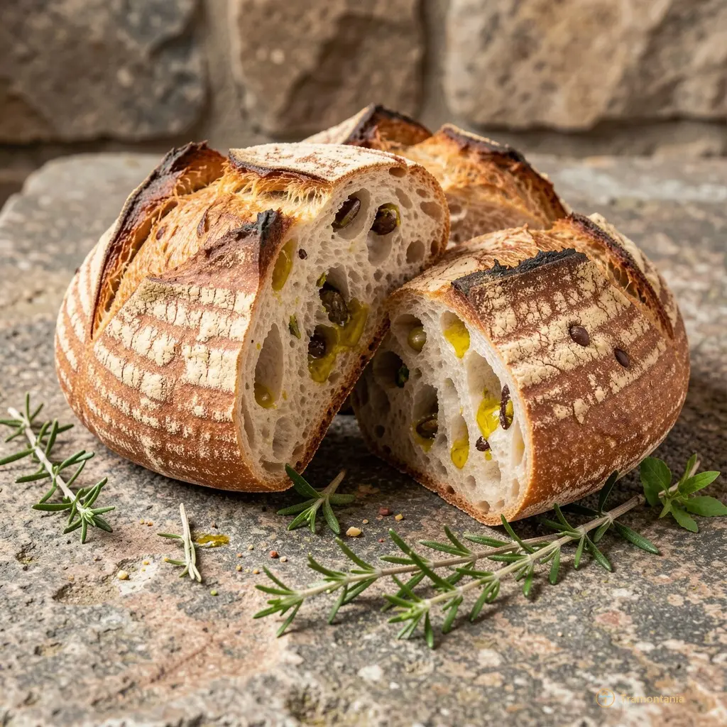 Traditional Catalan bread and olive oil with fresh herbs on a stone surface