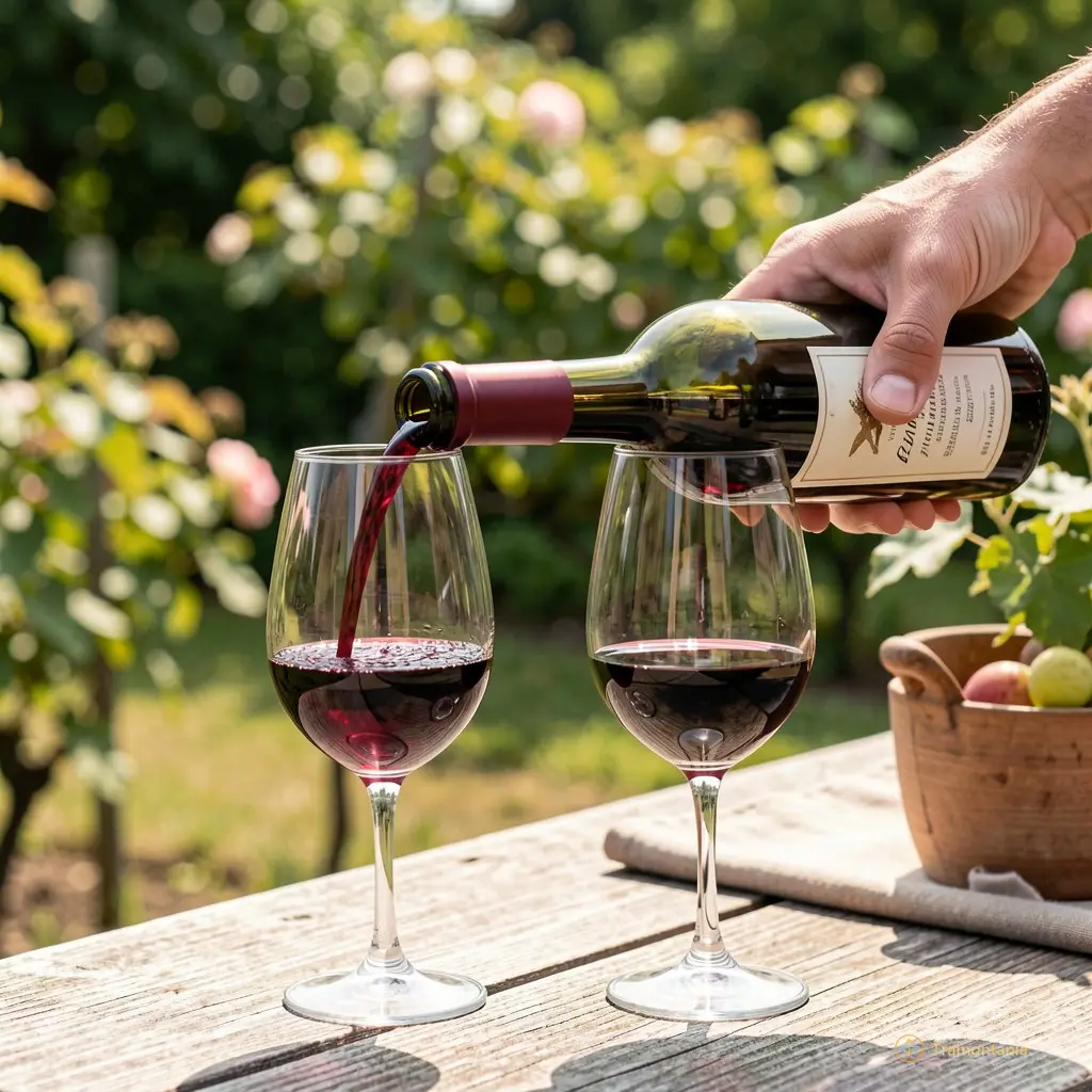 Hands pouring red wine from a bottle into glasses in an outdoor setting