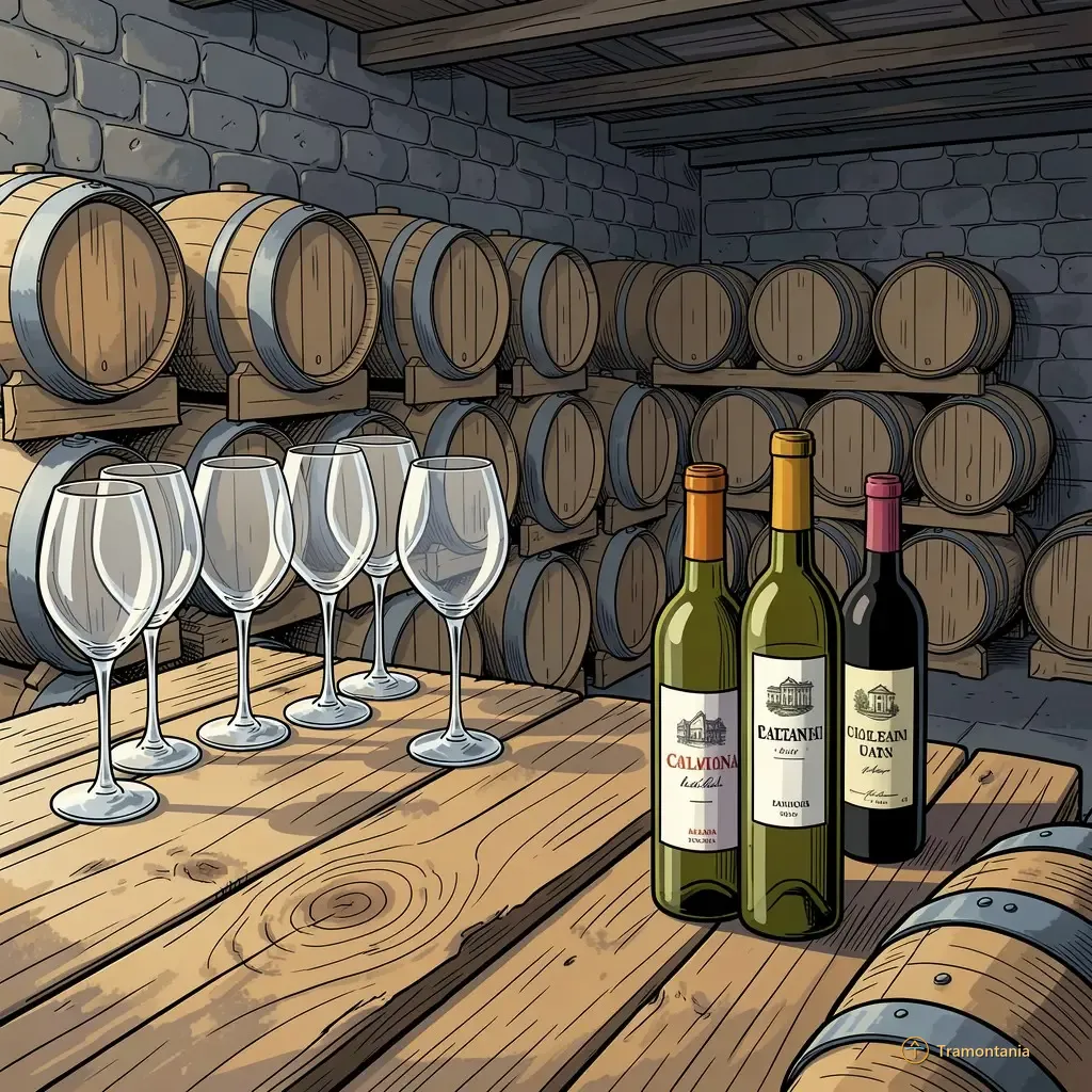 Une table rustique en bois accueille plusieurs verres à vin vides et des bouteilles de vins catalans locaux près d'un fond de tonneaux empilés
