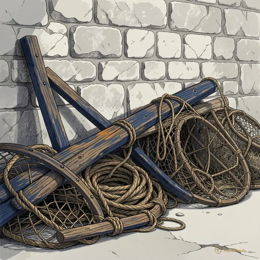 A medium shot of old wooden fishing nets and ropes piled against a stone wall in the morning light; deep blue paint accents on weathered wood grain contrasted with pale grey limestone texture