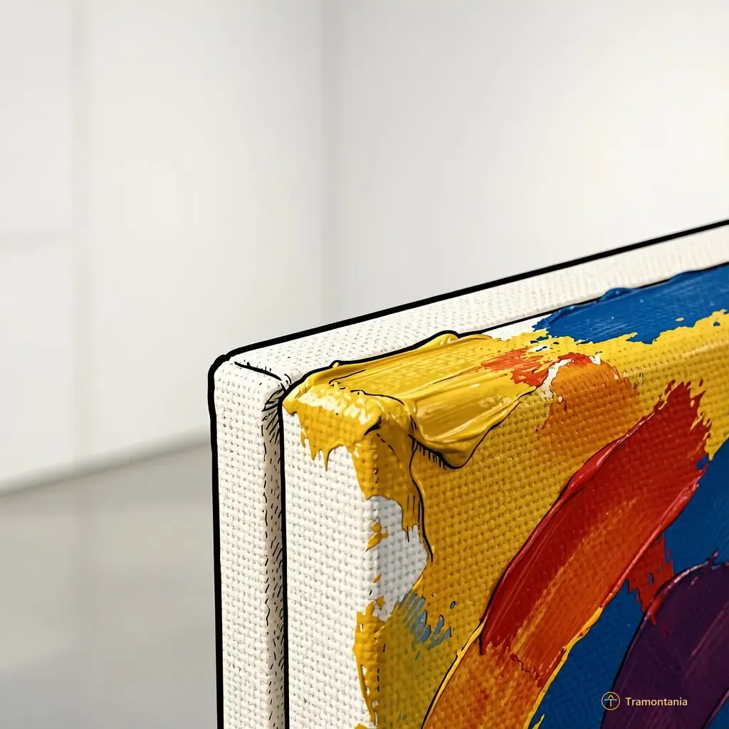 A close-up shot focusing on the texture of a canvas corner and a small section of paint applied with visible brushstrokes (oil or acrylic). The background is blurred white wall space, suggesting an exhibition setting. Natural daylight illuminates the colors richly from one side.