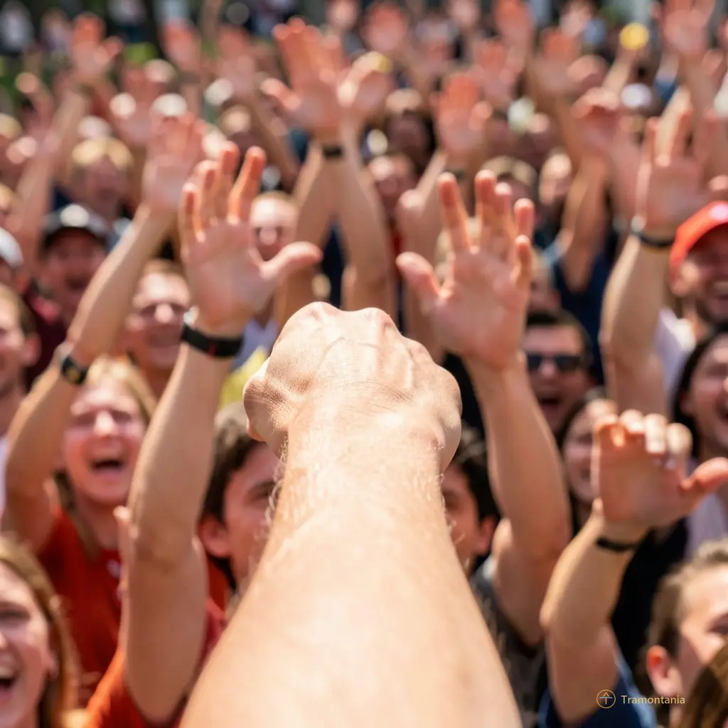 Gros plan sur le micro tendu vers une foule en liesse, mains levées au premier plan