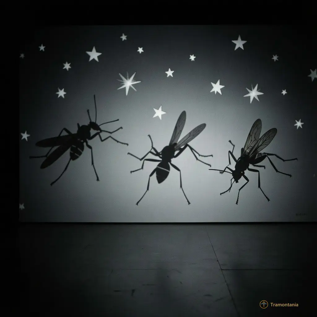 Scène de théâtre minimaliste avec des ombres chinoises stylisées de grillons et d'étoiles projetées sur un fond sombre