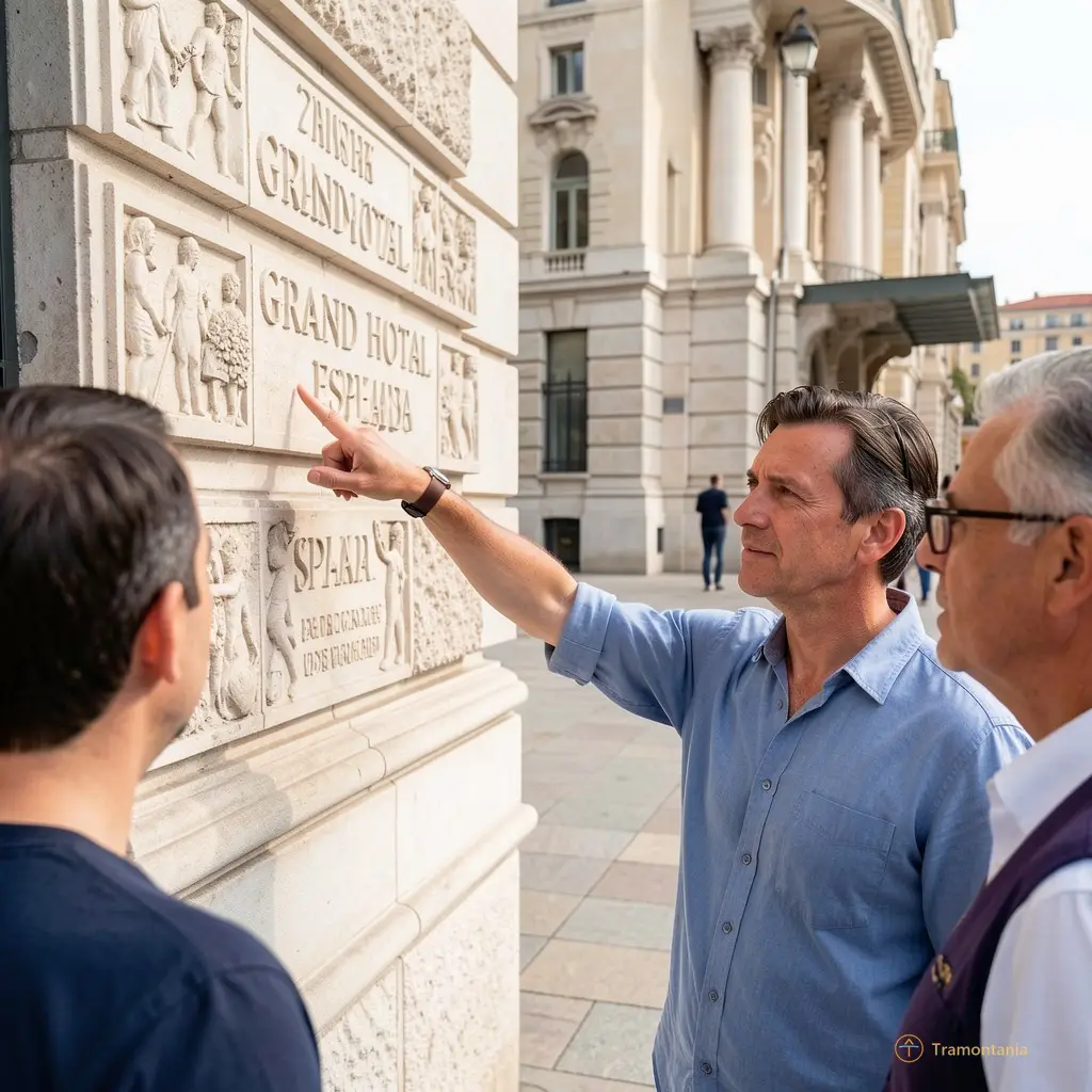 Close up of a guide pointing at architectural details on the Grand Hotel esplanade with tourists listening intently